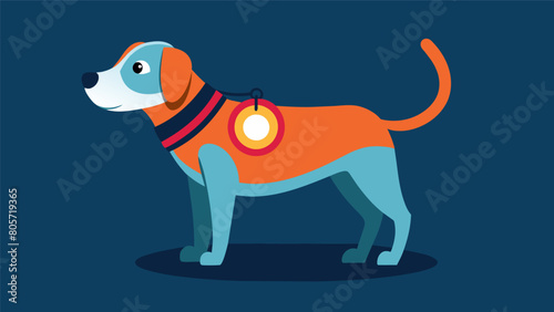 A waterproof rechargeable safety light that easily attaches to a pets collar providing longlasting bright light for nighttime walks.. Vector illustration