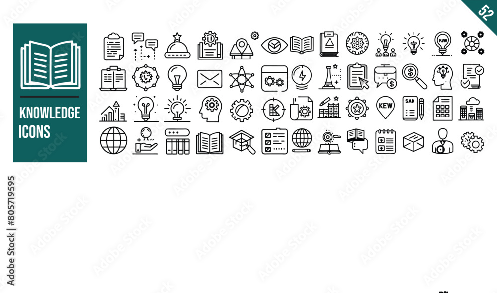 Set of 52 outline icons related to knowledge. Linear icon collection. Vector illustration Set of 52 outline icons related to knowledge. Linear icon collection. Vector illustration