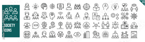 Set of 52 line icons related to society, teamwork, cooperation. Outline icon collection. Vector illustration