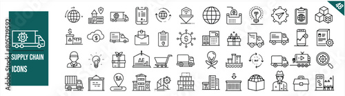 Set of 48 line icons related to supply chain, value chain, logistic, delivery, manufacturing, commerce. Outline icon collection. Vector illustration. 
