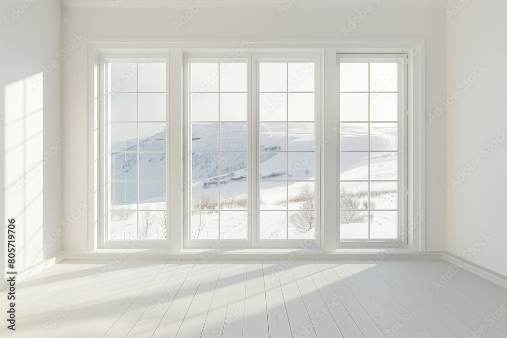 Fototapeta premium empty room in white color with winter landscape in window. Scandinavian interior design.