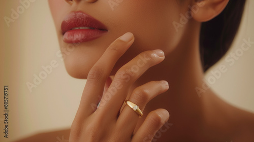 A close-up photo captures the hand of a Brazilian female model  delicately posing to showcase a ring.The scene is set in a cream-colored studio with soft lighting  accentuating the elegance and beauty