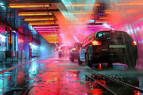 vibrant dynamic scene at a bustling car wash water and suds flying photo