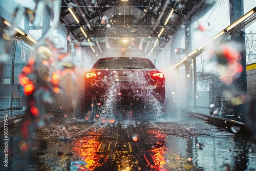 vibrant dynamic scene at a bustling car wash water and suds flying