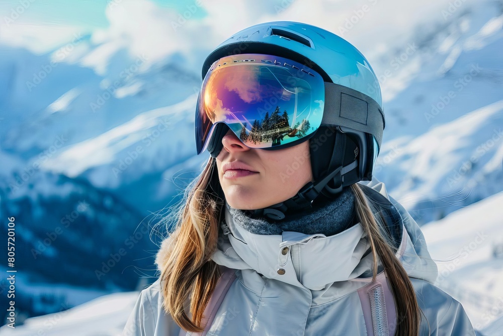 woman in snowboard helmet and goggles enjoying winter mountain adventure extreme sports portrait