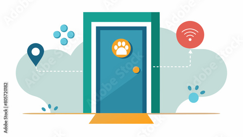 This pet door is equipped with a GPS tracker to monitor your pets movements and ensure they are the only ones using it.. Vector illustration