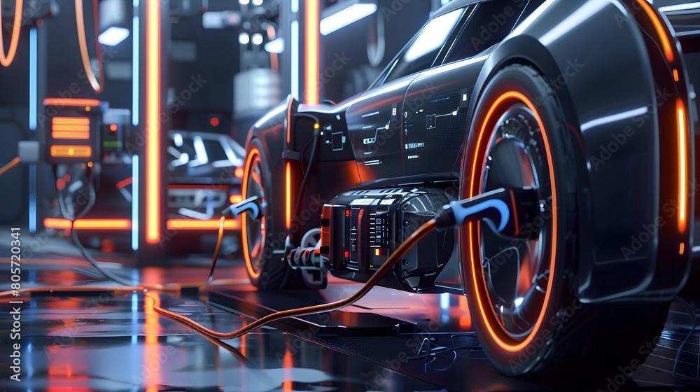Fototapeta premium Power supply connect to electric car for add charge to the battery. Charging re technology industry transport which are the future of the Automobile.