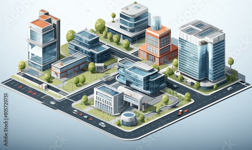 Diverse Building Structures Isometric 3D Cityscape Vector Image  Featuring Computer Facilities.