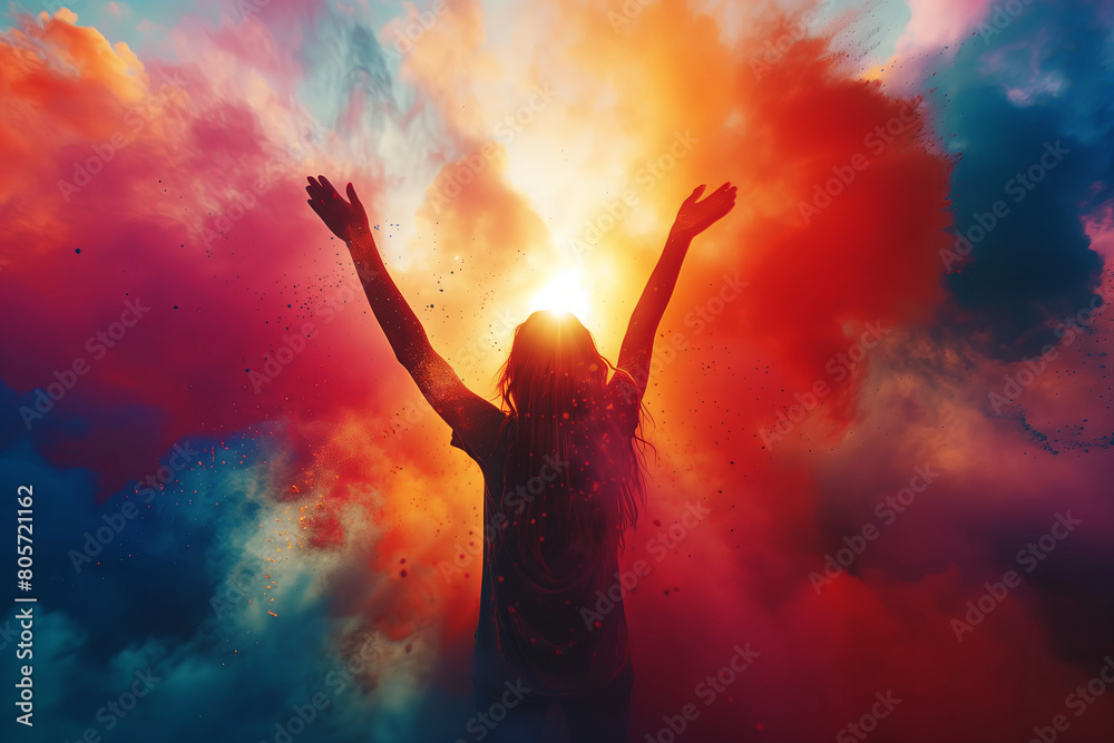 Silhouette of Joyful Woman Celebrating in Colorful Powder Explosion. Silhouette of Joyful Woman Celebrating in Colorful Powder Explosion.