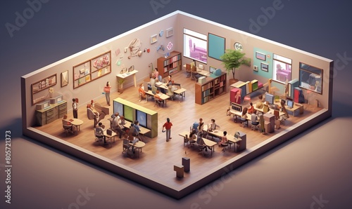 Dynamic Isometric 3D Classroom Interior with Flexible Learning Environments.