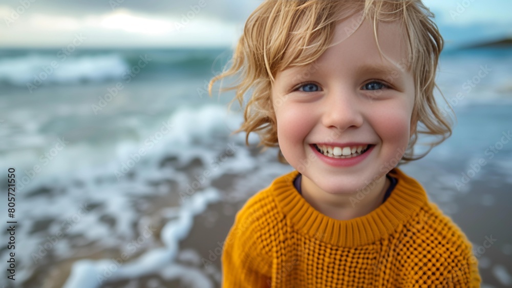 A cute happy child on the sea bench A cute happy child on the sea bench