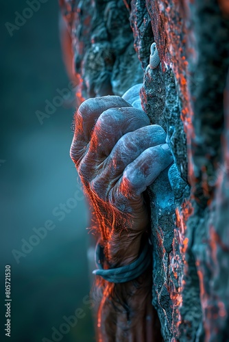 A strong hand, weathered by age and experience, grips a rock face