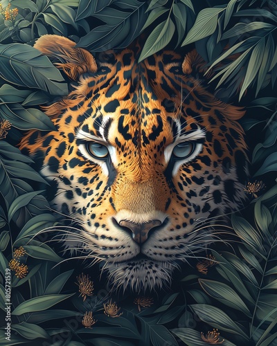 A fierce leopard peers out from behind dense foliage  its piercing blue eyes scanning the landscape for prey
