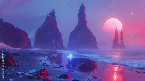 A futuristic digital art representation of Rey ISF Jara, imagining the beach and basalt stacks as part of a distant alien planet, employing vibrant, neon colors and a style Ai generative  photo