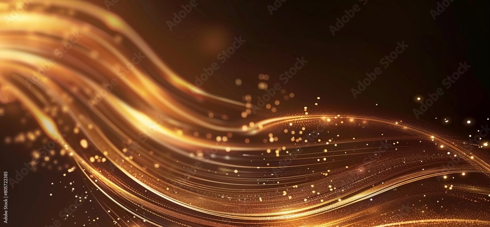 Fototapeta premium Abstract background with golden light streaks and glow lines on dark brown backdrop, luxury banner design template