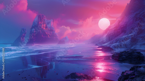 A futuristic digital art representation of Rey ISF Jara, imagining the beach and basalt stacks as part of a distant alien planet, employing vibrant, neon colors and a style Ai generative  photo