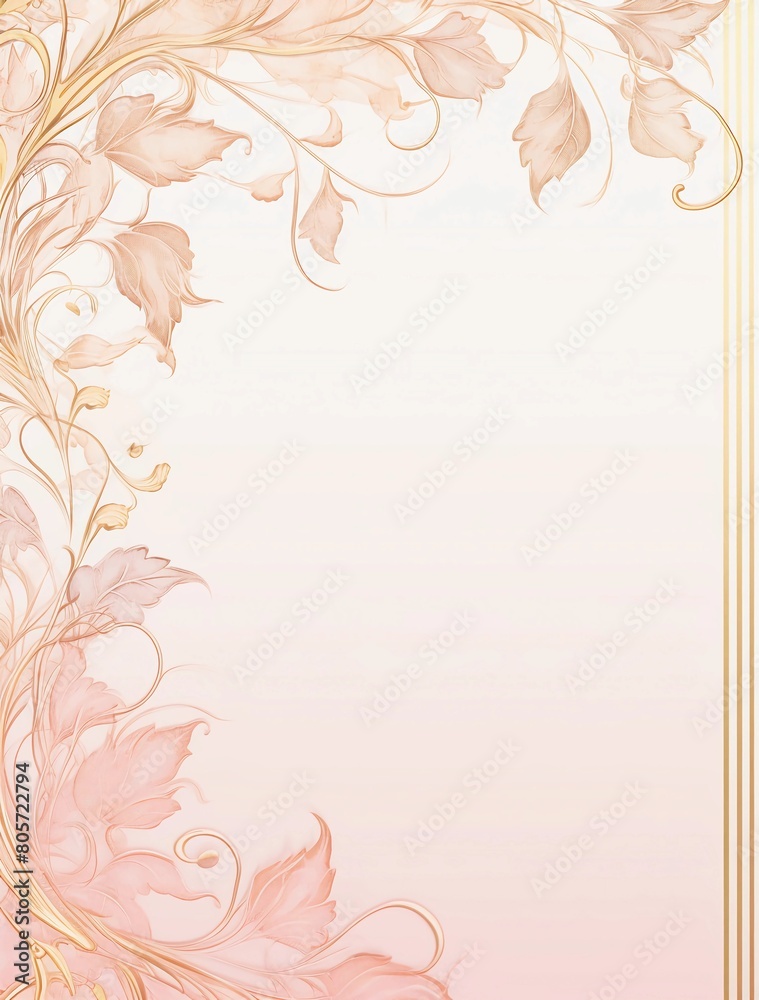 Light pink background, golden border, light pink and gold leaves with floral patterns on the left side of an empty space for writing text Light pink background, golden border, light pink and gold leaves with floral patterns on the left side of an empty space for writing text