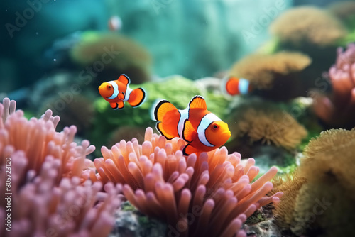 A vibrant clownfish darts through a brightly colored anemone in a tropical reef Colorful tropical fish explore a vibrant coral reef in the warm ocean