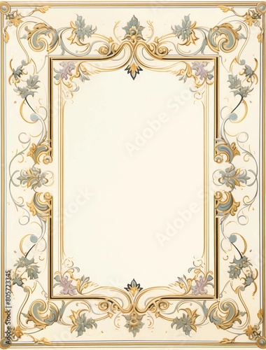 An ornate, vintagestyle rectangular frame with intricate floral patterns and gold accents on cream background