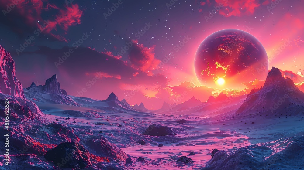 Capture a breathtaking panoramic view of an alien planet with vibrant, hypnotic hues blending seamlessly, Use digital rendering techniques to bring out intricate spiral formations,