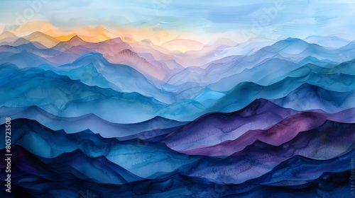 Capture a breathtaking landscape through a tilted angle view  showcasing majestic mountains in vibrant acrylic hues  with soft  sweeping brushstrokes for a dreamlike effect Include a translucent membr