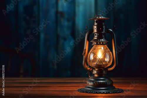 An antique brass lamp, a glass pitcher, and a flickering candle illuminate a vintage still life on a table
