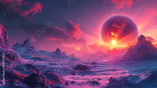 Capture a breathtaking panoramic view of an alien planet with vibrant, hypnotic hues blending seamlessly, Use digital rendering techniques to bring out intricate spiral formations, © Nawarit