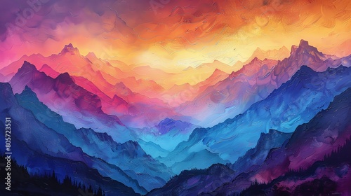 Capture a breathtaking landscape through a tilted angle view  showcasing majestic mountains in vibrant acrylic hues  with soft  sweeping brushstrokes for a dreamlike effect Include a translucent membr