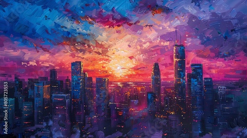 Capture a dynamic cityscape at dusk, utilizing acrylics to enhance the bold contrast of skyscrapers against the colorful sunset Showcase the vibrancy and movement of a bustling urban scene photo