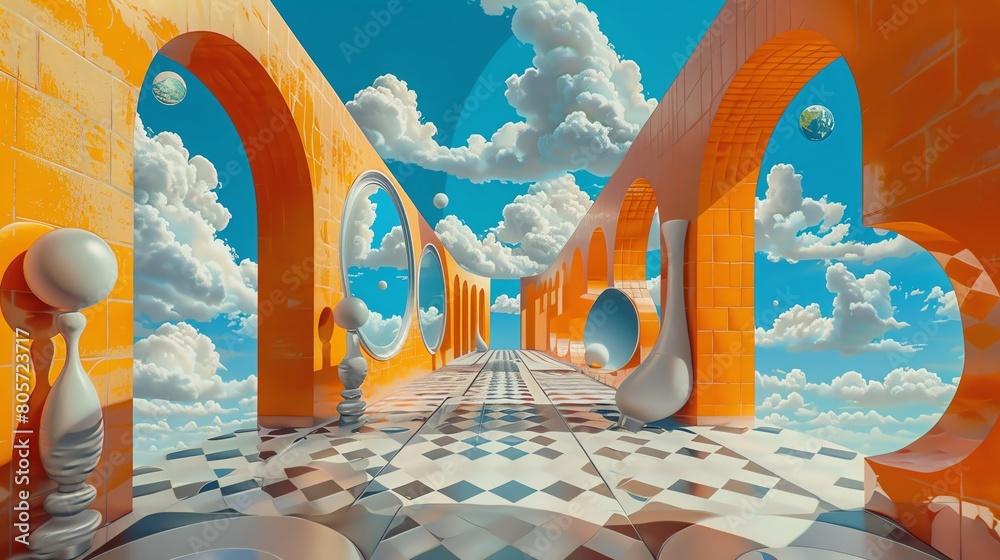 Capture a surrealist scene with a tilted angle view, showcasing objects morphing into unexpected shapes through a warped perspective, in vivid, dreamlike colors using acrylic paint