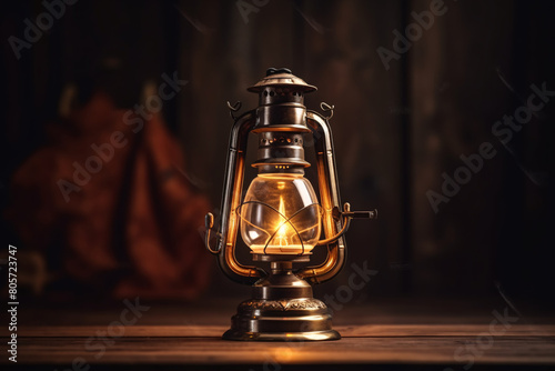 A vintage metal oil lamp with a glass flame casts a warm light on a dark table
