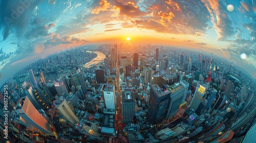 Capture the bustling cityscape below in a mesmerizing aerial view fish-eye lens effect Show the vibrant streets, towering buildings, and flowing rivers with a digital rendering technique photo