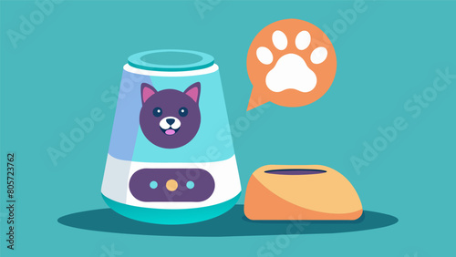 A sleek and stylish pet feeder that syncs with your pets microchip and dispenses food based on their individual recommended calorie intake.. Vector illustration