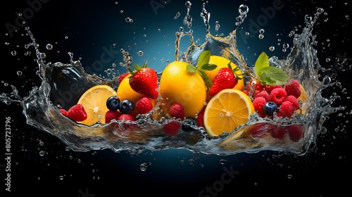 Fresh summer fruits on splashing water - fresh and lively, oranges, bananas, watermelons, lingi, pineapple, with creativity and a sense of the beauty of nature.