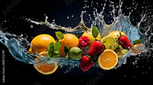 Fresh summer fruits on splashing water - fresh and lively  oranges  bananas  watermelons  lingi  pineapple  with creativity and a sense of the beauty of nature.