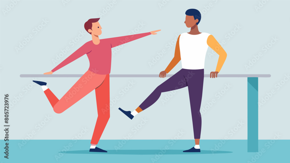 A man wearing sweats and a determined expression follows the instructors careful demonstration of the first plié at the barre.. Vector illustration