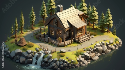 Isometric 3D Scene with Charming Creekside Cabin. photo