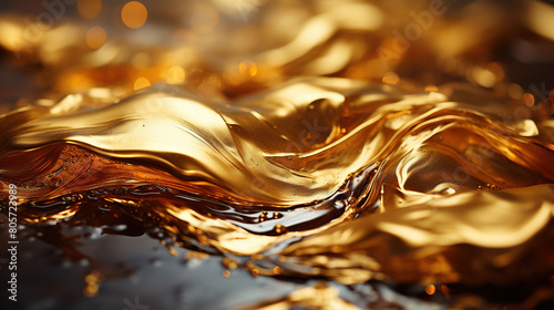 Contemporary Abstract of Shiny Liquid Gold Oil On Selective Focus Background photo