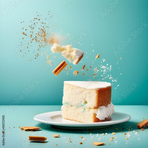 Creative food template. Slice of vanilla sponge cake with flying pieces and biscuit crumb, Powdered icing sugar sprinkle on gradient blue turquoise background. copy text .. photo