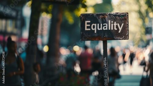A weathered Equality sign standing amidst a crowd of protesters, symbolizing the ongoing fight for equal rights and social justice