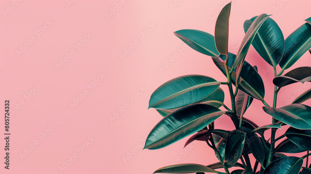 A vibrant rubber plant is photographed against a pastel pink background, showcasing its lush green leaves and long thin trunk.The composition features a web banner format with empty space on the right