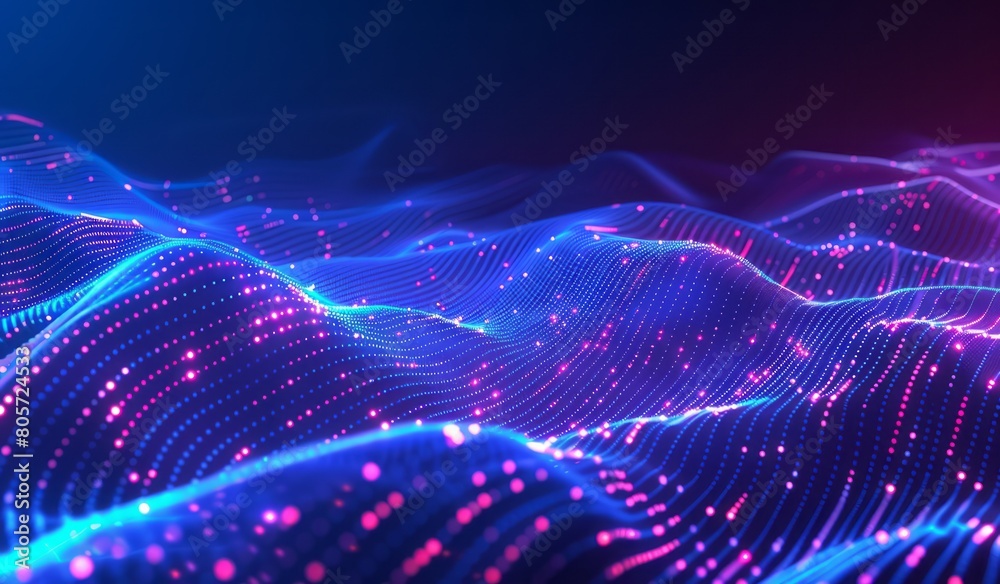 Abstract blue and purple background with glowing dots in a wavy lines pattern, AI generative technology concept