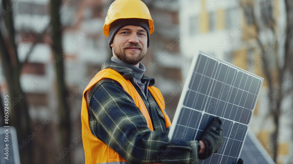 Obraz premium an engineer holding a solar panel, electrical worker working with solar panels