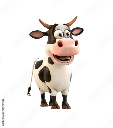 Cow, farm animal character 3d illustration for children, isolated on transparent background. Cute Pet fairytale Cow print for clothes, stationery, books, merchandise.