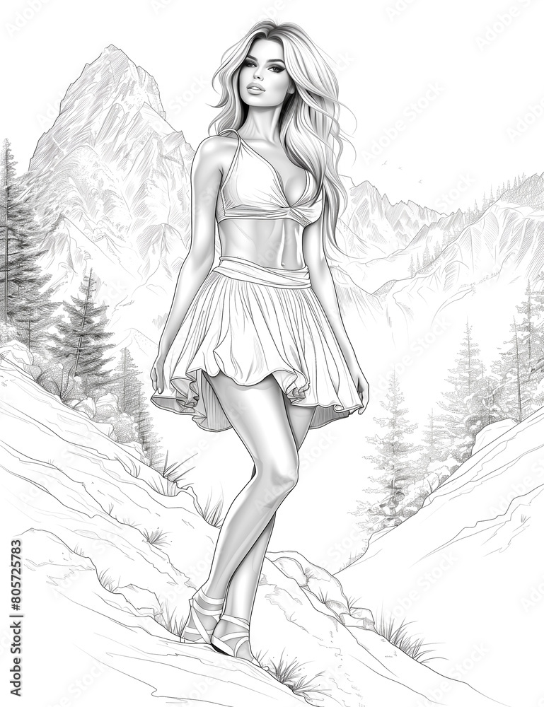 A woman is standing on a mountain top in a white skirt A woman is standing on a mountain top in a white skirt