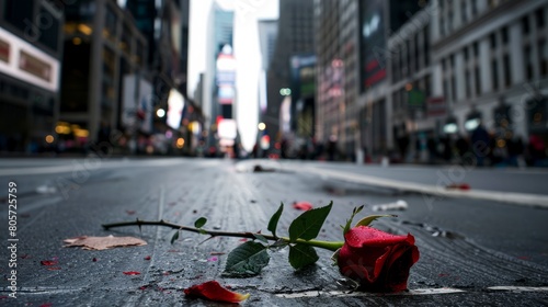 A wilted rose lying abandoned amidst a bustling city street, overshadowed by towering skyscrapers and indifferent passersby photo