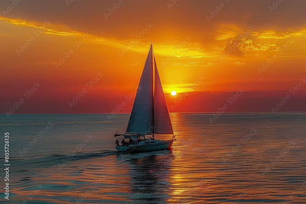 Yacht on sunset. Silhouette of a yacht against the backdrop of sunset on the calm open sea.