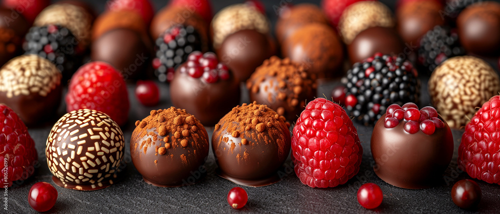 A close up of a variety of chocolate and fruit truffles A close up of a variety of chocolate and fruit truffles