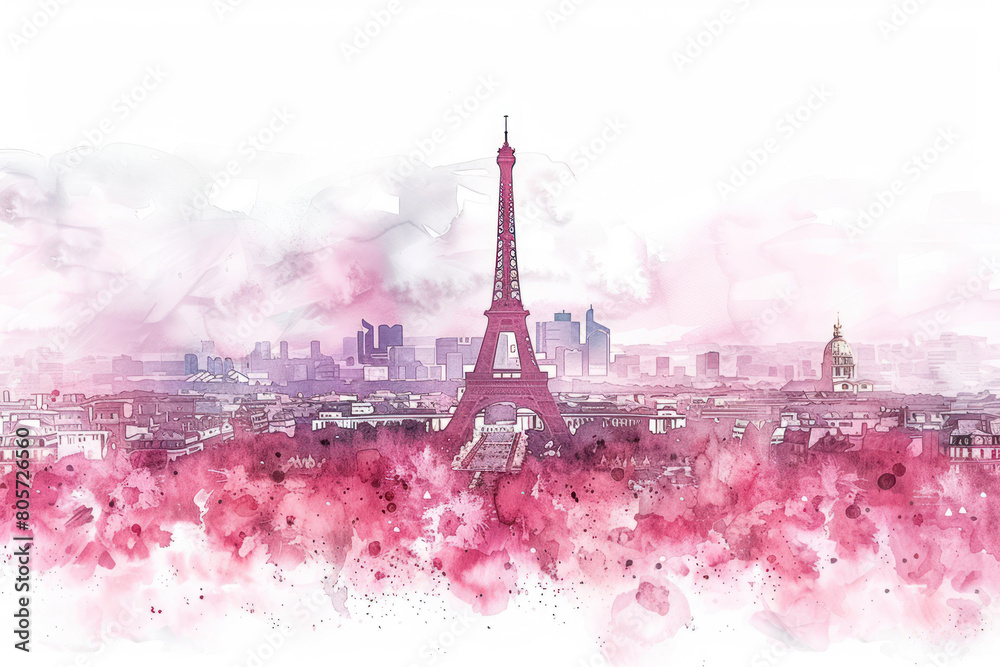 Pink watercolor paint of Paris cityscape with the Eiffel Tower