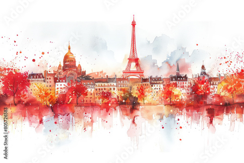 Red watercolor paint of Paris cityscape with the Eiffel Tower